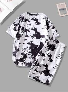 Manfinity EMRG 男士紮染卡通圖案T恤和短褲 - 黑與白 - 查看 2