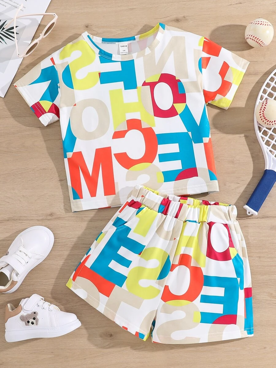 SHEIN Girls Letter Graphic Tee & Shorts - Multicolor - View 1