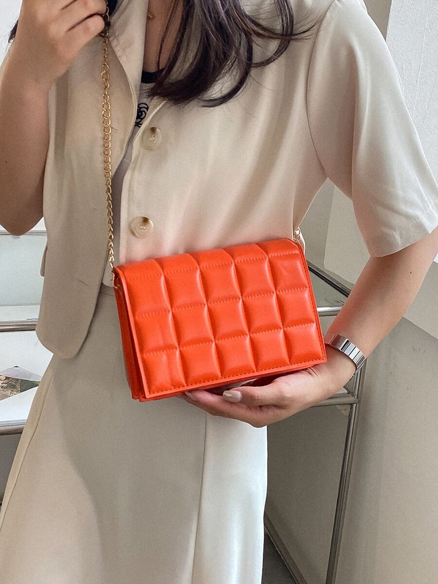 Mini Minimalist Quilted Chain Crossbody Bag - Orange - View 1