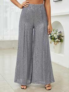 D&M High Waist Fold Pleated Detail Sequin Wide Leg Trousers - Silver - View 4