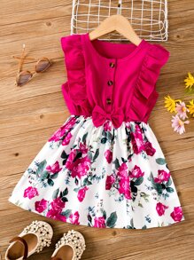 SHEIN Young Girl Floral Print Ruffle Trim Bow Front Dress - Multicolor - View 1