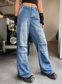 SHEIN ICON 口袋貼布直筒牛仔褲 - 中等水洗藍 - 查看 5