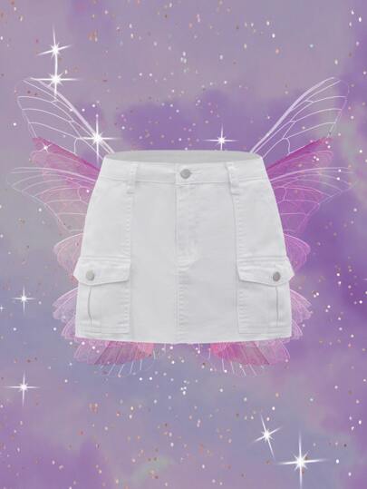 Flap Pocket Patched Denim Skirt