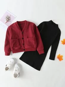 SHEIN Niñitas con doble bolsillo Cazadora & de cuello alto tejido de canalé Vestido - Multicolor - Ver 1