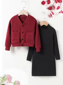 SHEIN Niñitas con doble bolsillo Cazadora & de cuello alto tejido de canalé Vestido - Multicolor - Ver 4