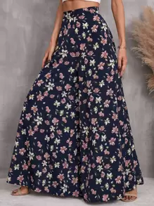 Breezaya 高腰花卉圖案寬腿褲子