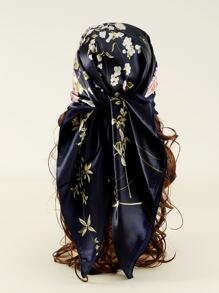 1PC90印花緞面方巾女圍巾 - 藏蓝色 - 查看 6