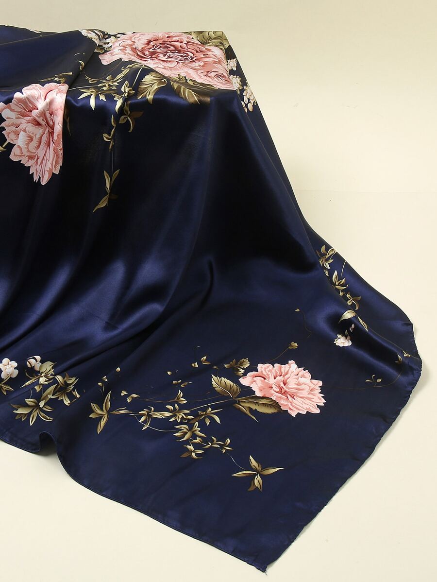 1PC90印花緞面方巾女圍巾 - 藏蓝色 - 查看 1