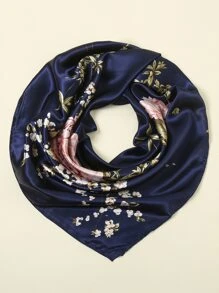 1PC90印花緞面方巾女圍巾 - 藏蓝色 - 查看 3