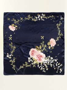 1PC90印花緞面方巾女圍巾 - 藏蓝色 - 查看 2