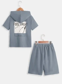 SHEIN 男孩標語圖案連帽T恤和腰部抽繩短褲 - 霧霾藍 - 查看 1