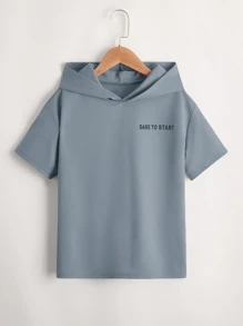 SHEIN 男孩標語圖案連帽T恤和腰部抽繩短褲 - 霧霾藍 - 查看 3