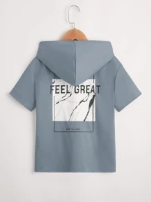 SHEIN 男孩標語圖案連帽T恤和腰部抽繩短褲 - 霧霾藍 - 查看 6