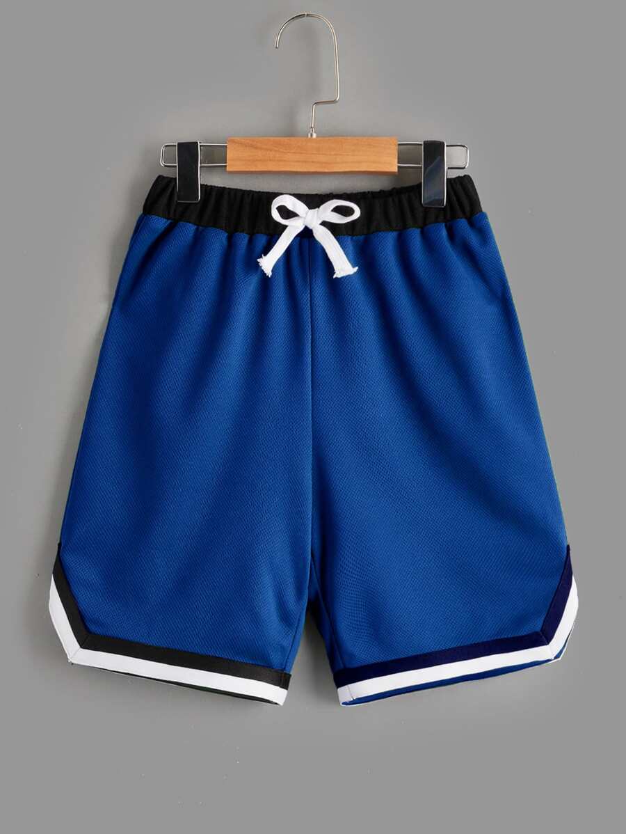 SHEIN Tween Boy Colorblock Drawstring Shorts With Striped Design At Hem - Blue - View 1