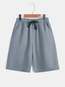 SHEIN 男孩標語圖案連帽T恤和腰部抽繩短褲 - 霧霾藍 - 查看 8