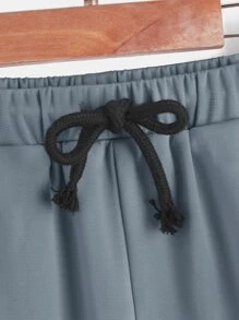 SHEIN 男孩標語圖案連帽T恤和腰部抽繩短褲 - 霧霾藍 - 查看 10