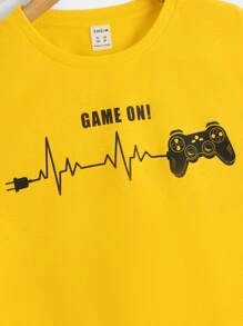 SHEIN Tween Boys' Game Controller & Letter Pattern T-Shirt, Minimalist, Comfortable, Casual, Suitable For Daily Summer Wear