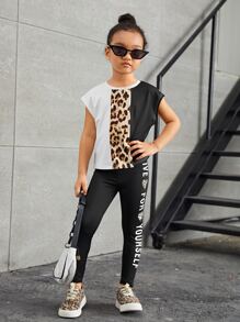 SHEIN Toddler Girls Leopard Print Tee & Pants - Multicolor - View 1