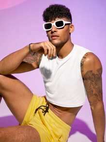 FeverCity 男士素色條紋針織短款背心 - 白色 - 查看 4