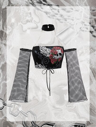 Chain Detail Skull & Floral Print Fishnet Sleeve Tied Backless Crop Top