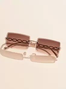 1 pieza Gafas de mujer con marco metálico sin montura, color degradado, borde pequeño, templo con cadena hueca, elegante, de lujo, vintage, personalizado, para uso en exteriores, Ins, resort, viaje, moda, accesorios de playa para mujer, para verano, playa, vacaciones, exterior, viaje - Café integral - Ver 3