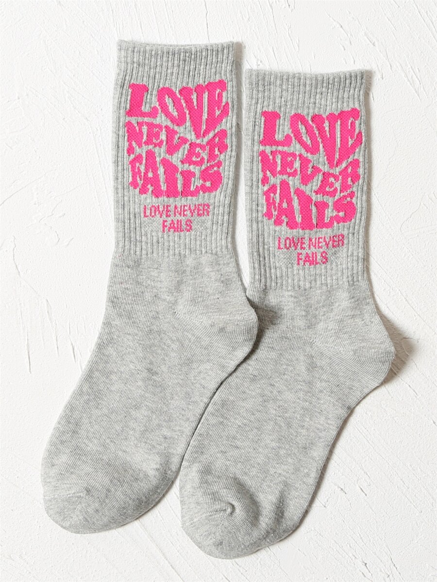 Slogan Graphic Crew Socks - Light Grey - View 1