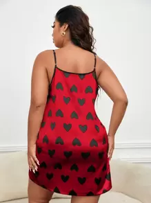 Plus Allover Heart Print Contrast Binding Cami Pajama Nightdress - Red - View 2