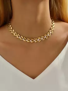 1pc Women Simple Chain Faux Pearl Necklace (Handcrafted Chain Trimmed By Length, Pearl Quantity Customizable, Crystal Size Changeable) - Multicolor - View 2