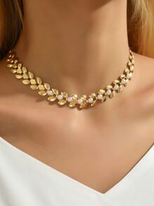 1pc Women Simple Chain Faux Pearl Necklace (Handcrafted Chain Trimmed By Length, Pearl Quantity Customizable, Crystal Size Changeable) - Multicolor - View 5