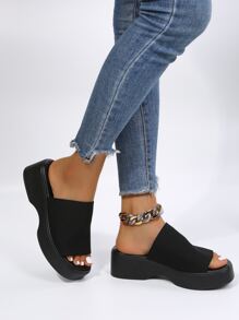 Women Single Band Flatform Slide Black Wedge Sandals - Black - View 4