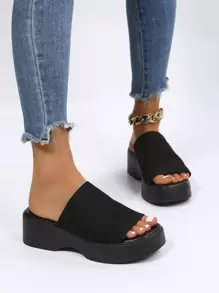 Women Single Band Flatform Slide Black Wedge Sandals - Black - View 5