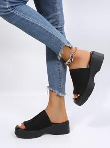 Women Single Band Flatform Slide Black Wedge Sandals - Black - View 6