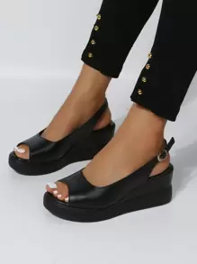 Women's Fashionable Versatile Buckle Design Thick Bottom Wedge Sandals For Daily Wear - Black - View 3