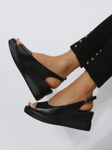 Women's Fashionable Versatile Buckle Design Thick Bottom Wedge Sandals For Daily Wear - Black - View 4