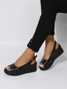 Women's Fashionable Versatile Buckle Design Thick Bottom Wedge Sandals For Daily Wear - Black - View 5