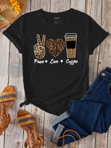 SHEIN LUNE Áo thun nữ Tim Lá thư Giải trí - màu đen - Xem 1