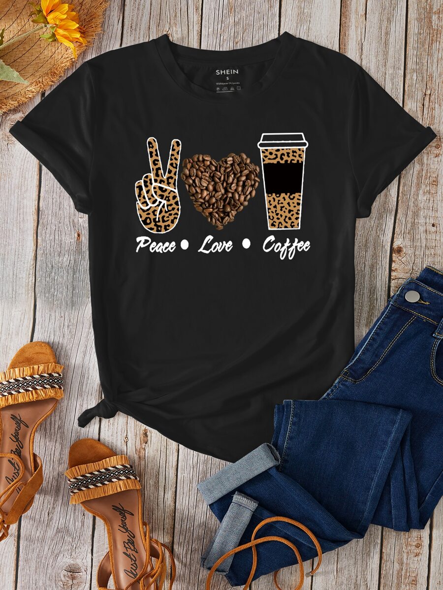 SHEIN LUNE Áo thun nữ Tim Lá thư Giải trí - màu đen - Xem 1