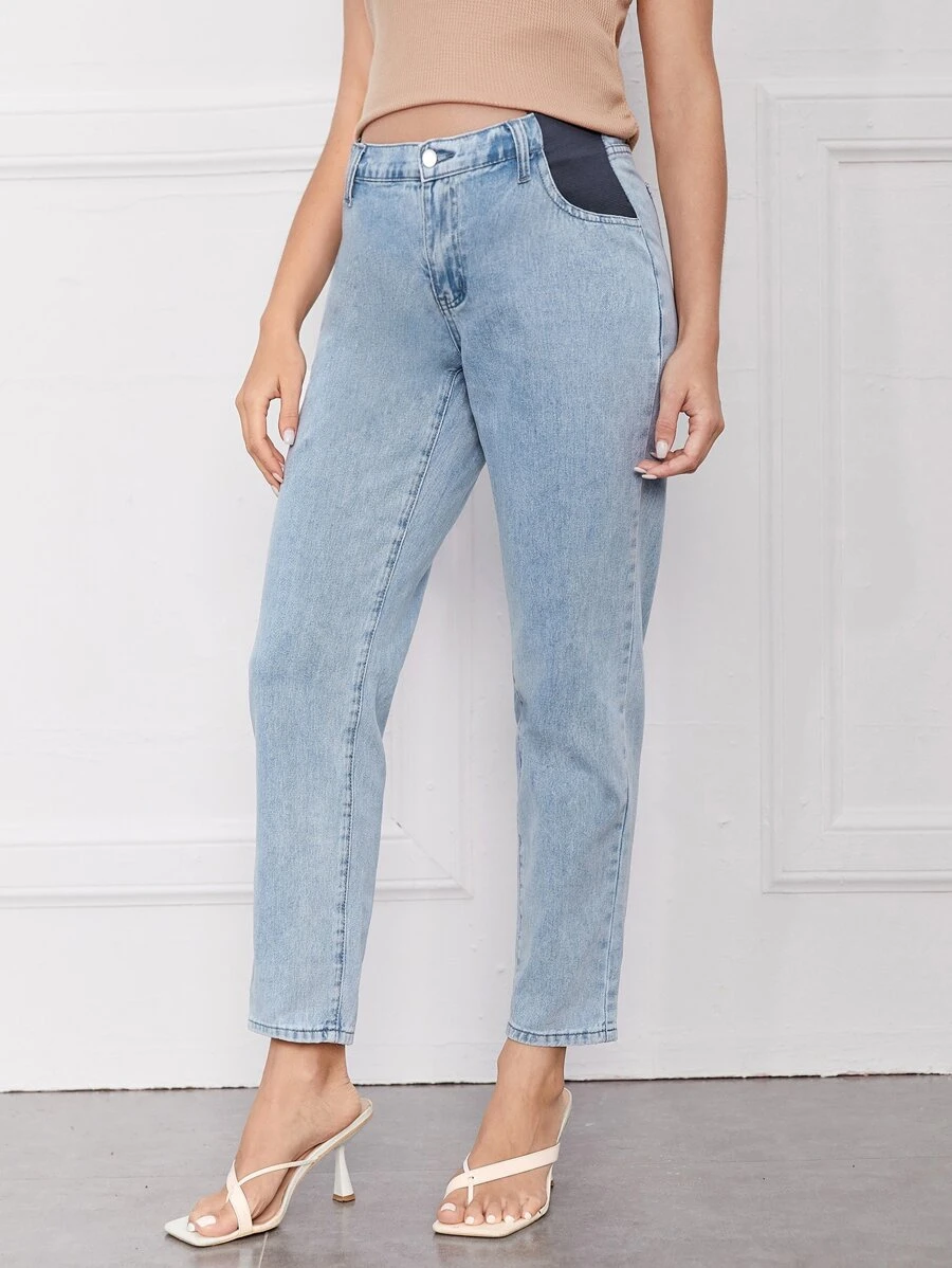 SHEIN Maternidad Jeans de pierna recta panel en contraste - Lavado ligero - Ver 1