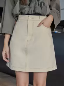 DAZY Stitch Trim Zip Fly Skirt - White - View 1