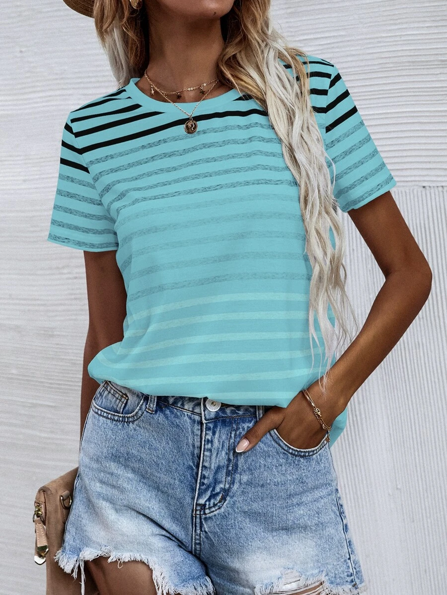 SHEIN LUNE Áo thun tay ngắn in họa tiết sọc Áo thun họa tiết cho nữ - Màu xanh bạc hà - Xem 1