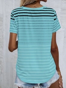 SHEIN LUNE Áo thun tay ngắn in họa tiết sọc Áo thun họa tiết cho nữ - Màu xanh bạc hà - Xem 2