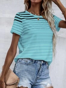 SHEIN LUNE Áo thun tay ngắn in họa tiết sọc Áo thun họa tiết cho nữ - Màu xanh bạc hà - Xem 3