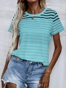 SHEIN LUNE Áo thun tay ngắn in họa tiết sọc Áo thun họa tiết cho nữ - Màu xanh bạc hà - Xem 4