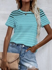 SHEIN LUNE Áo thun tay ngắn in họa tiết sọc Áo thun họa tiết cho nữ - Màu xanh bạc hà - Xem 5