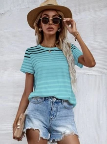 SHEIN LUNE Áo thun tay ngắn in họa tiết sọc Áo thun họa tiết cho nữ - Màu xanh bạc hà - Xem 6