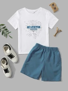 SHEIN 青少年男子地球儀和標語圖形t恤和短褲套裝 - 藍白色 - 查看 1