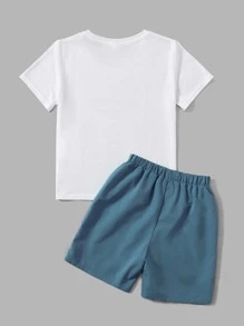 SHEIN 青少年男子地球儀和標語圖形t恤和短褲套裝 - 藍白色 - 查看 2