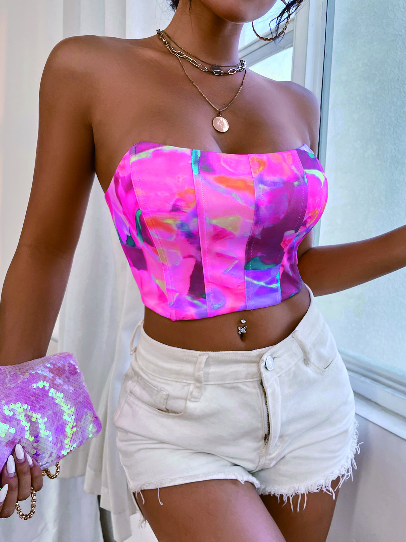 Chiquease Graphic Print Bustier Crop Tube Top - Pink - View 1