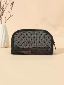 Black Plush Half-moon Mesh Bag With Heart-shaped Print - Black - View 1