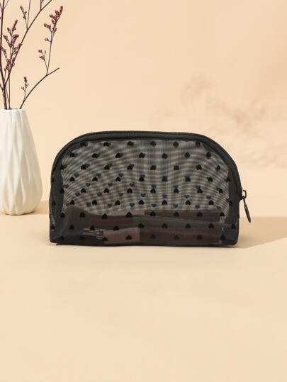 Black Plush Crescent Shape Mesh Bag With Heart-Shaped Print